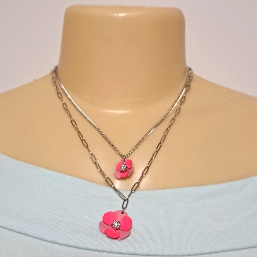Bay Studio Silver Multi Chain Necklace. Pink Floral with Crystal Gem Accent. JB